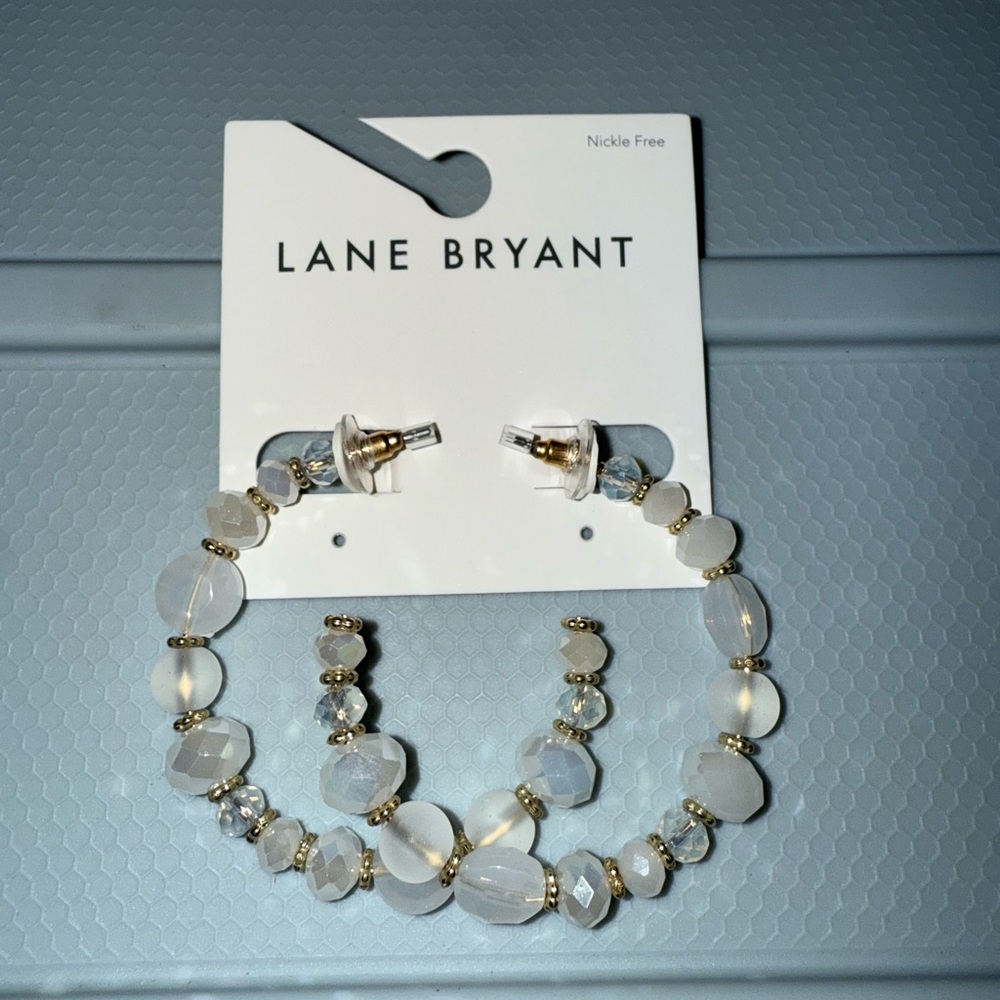 Lane Bryant Gold and White Beaded Hoop Earrings